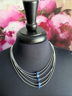 Multi-Strand Silver Spring Necklace with Blue Accent Beads Set